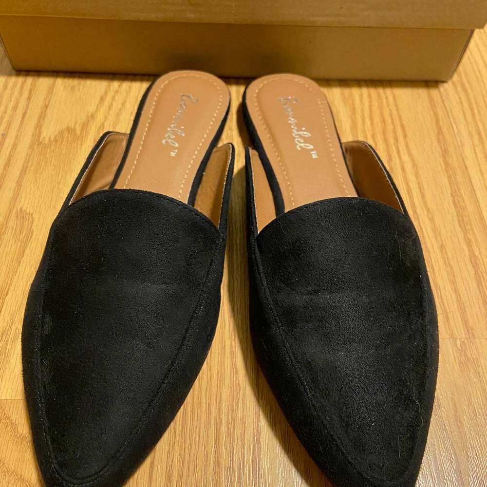 Black suede mule flats